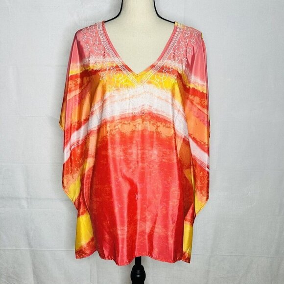 Chicos Sz S/M Overlay Bright Pink Orange Kimono Short Sleeve Poncho Satin - Picture 1 of 10